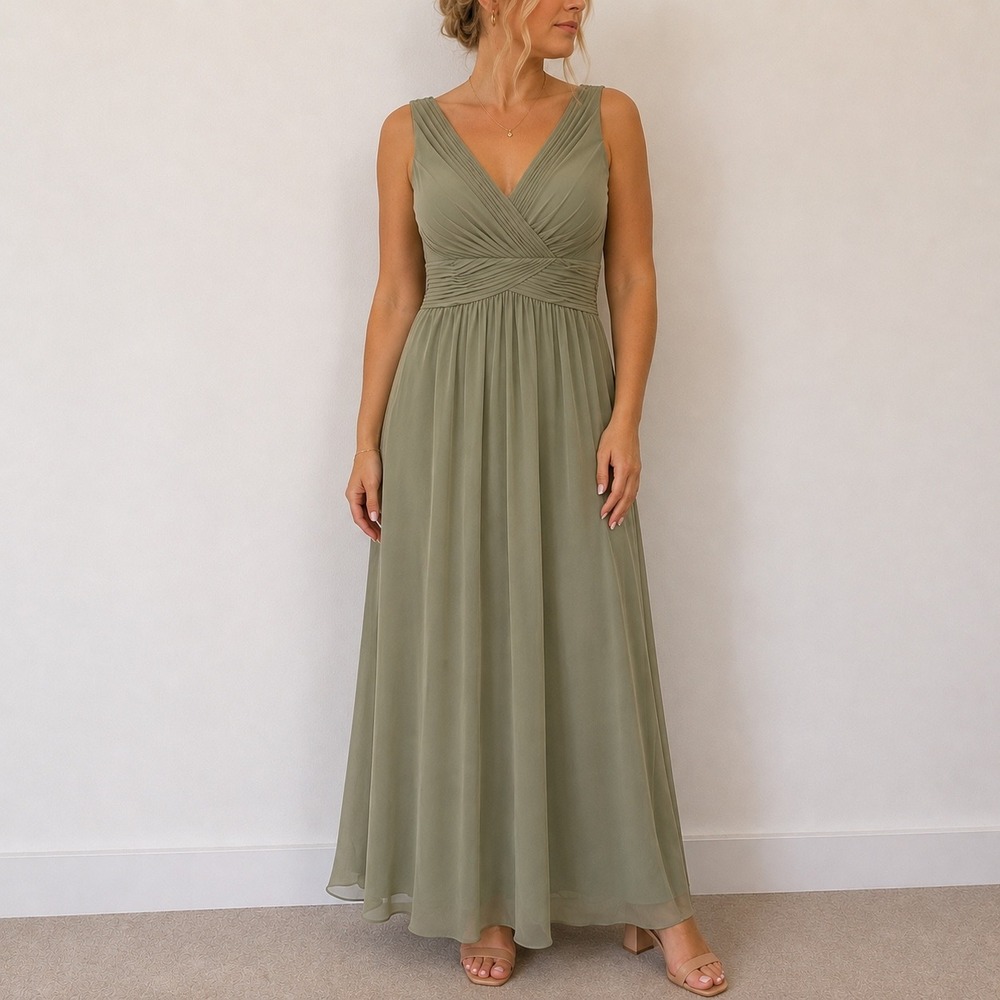 Vow'd Sage Green Maxi Dress Ruched Chiffon Bridesmaid Size 10 Fairycore
